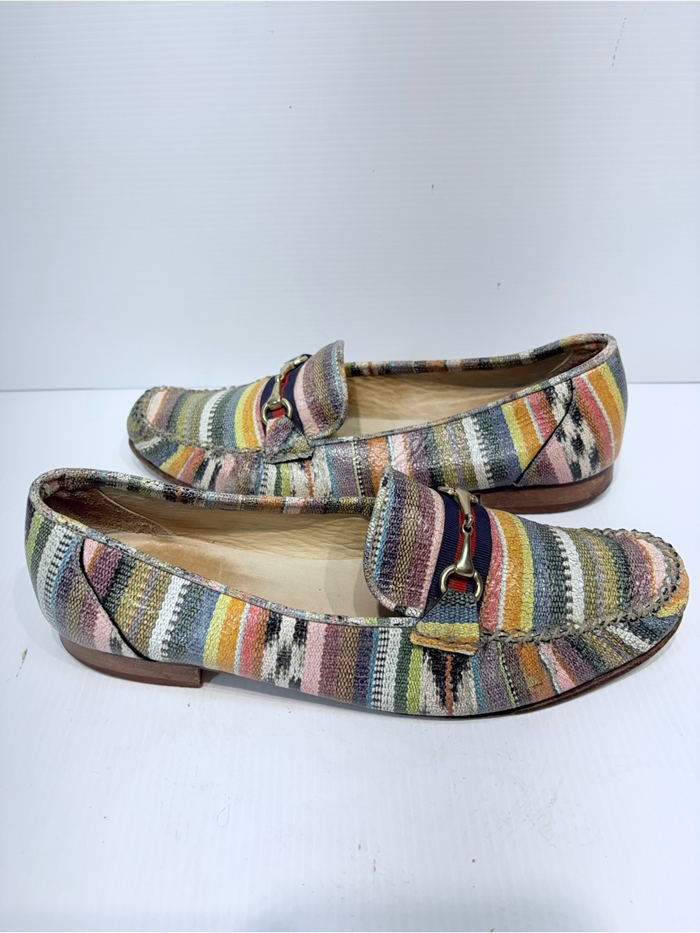 Italian Handcrafted Multi-Coloured Striped Leather-Trim Loafers, Horsebit - 8.5